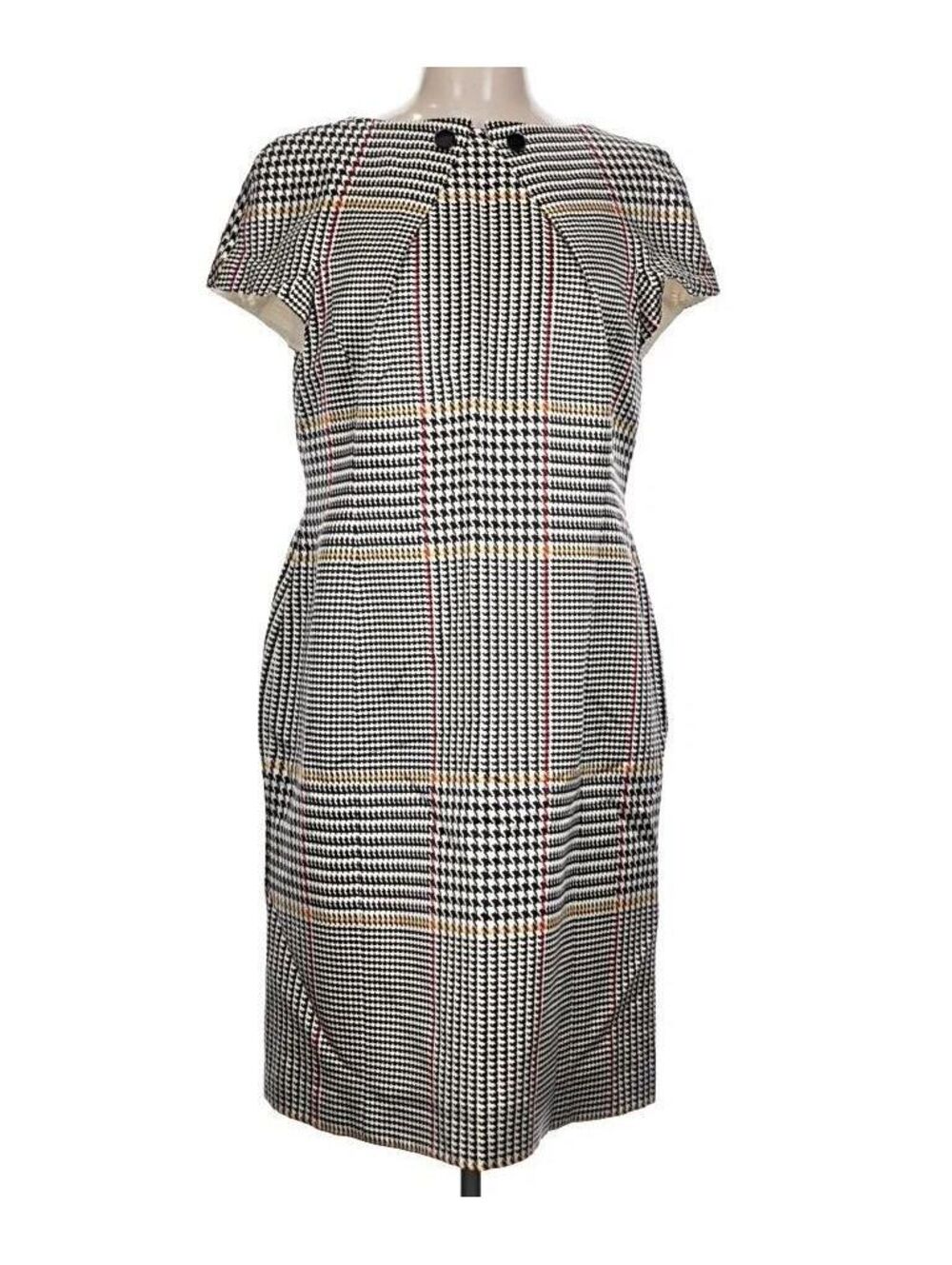 Escada US 12 EU 42 $1200 Black Ivory Burgundy Houndstooth Wool Silk Sheath Dress
